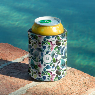 Watercolor botanical flowers elegant monogrammed can cooler