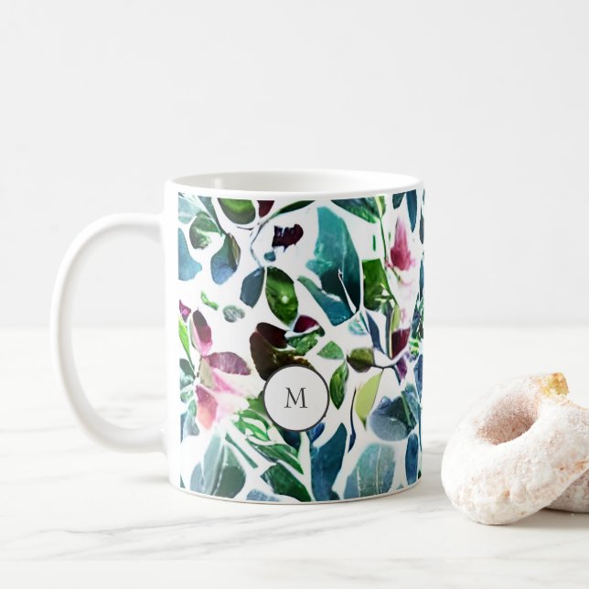 Watercolor botanical flowers elegant monogrammed coffee mug (With Donut)