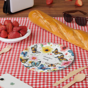 Watercolor botanical flowers elegant monogrammed paper plate