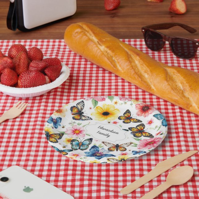 Watercolor botanical flowers elegant monogrammed paper plate (Picnic)