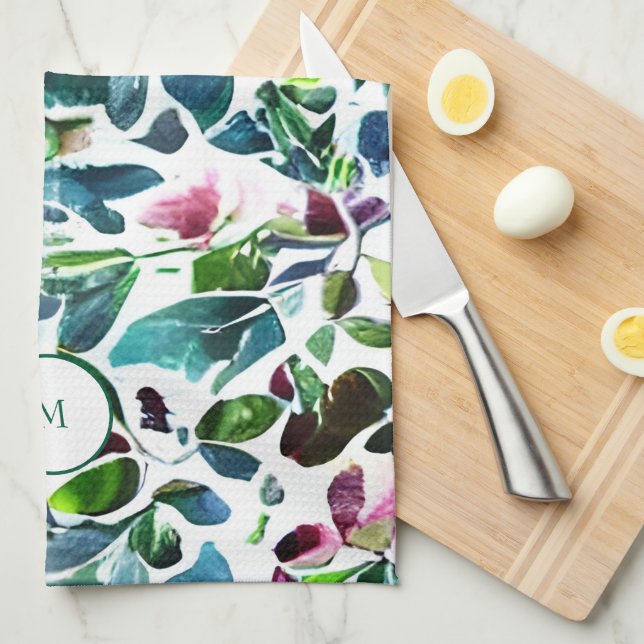 Watercolor botanical flowers elegant monogrammed tea towel (Quarter Fold)