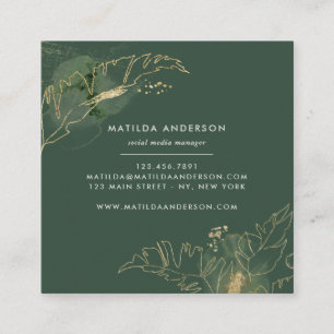 Watercolor botanical foliage and gold details square business card