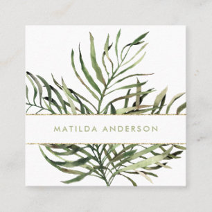Watercolor botanical foliage and gold details square business card