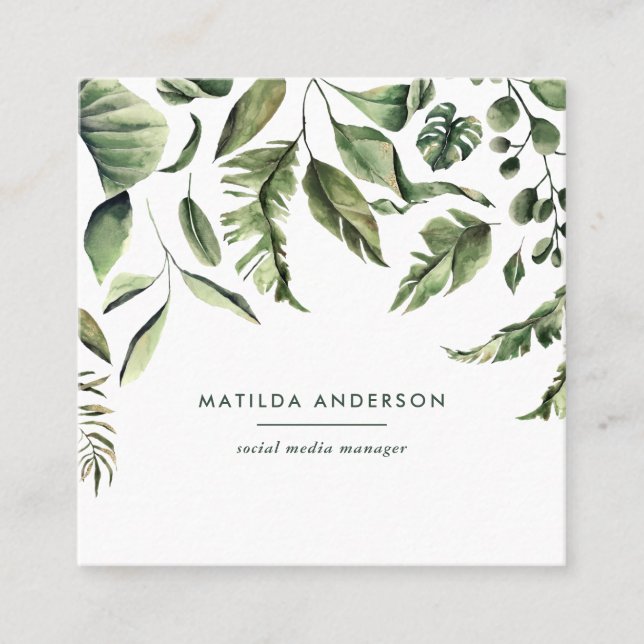 Watercolor botanical foliage modern tropical square business card (Front)