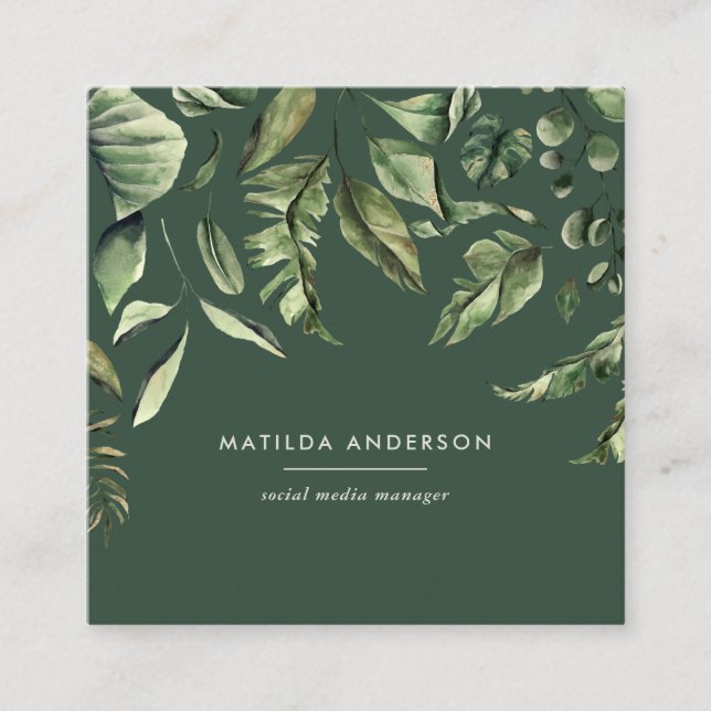 Watercolor botanical foliage modern tropical square business card (Front)