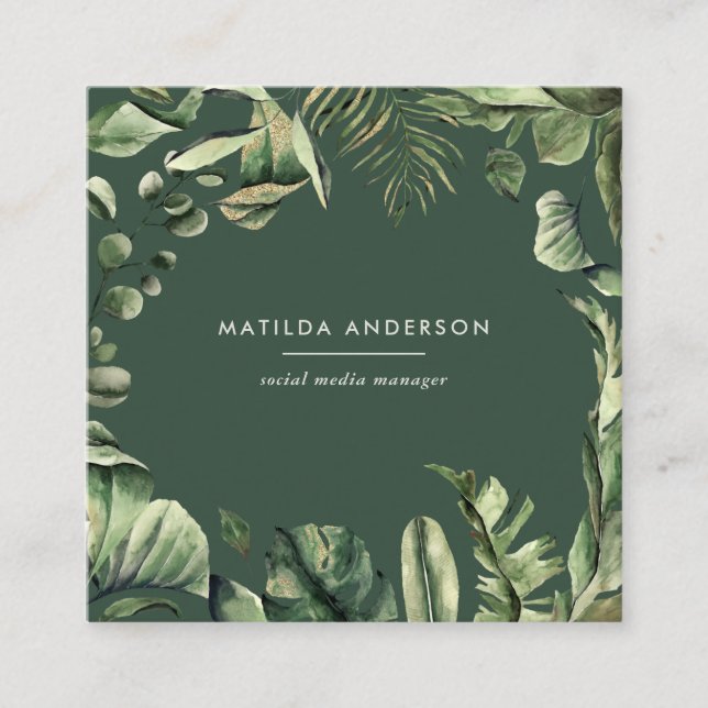 Watercolor botanical foliage square business card (Front)