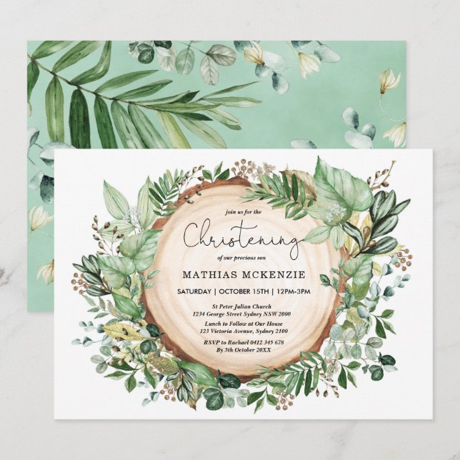 Watercolor Botanical Forest Greenery Christening Invitation (Front/Back)