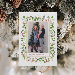 Watercolor Botanical Frame Christmas photo Holiday Card