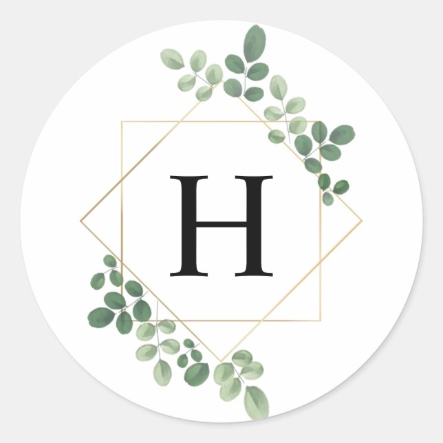 Watercolor Botanical Geometric Monogram Classic Round Sticker (Front)
