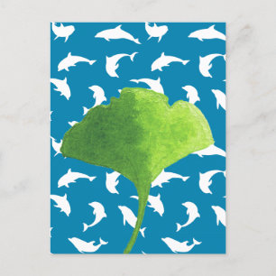 Watercolor Botanical Ginkgo Leaf Dolphin Ocean Holiday Postcard