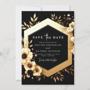 Watercolor Botanical Gold and Black Wedding Save The Date