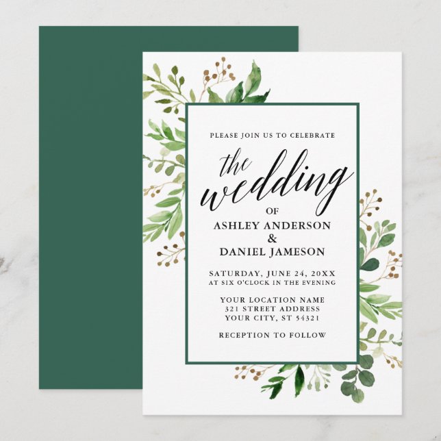 Watercolor Botanical Green Framed Wedding Invitation (Front/Back)