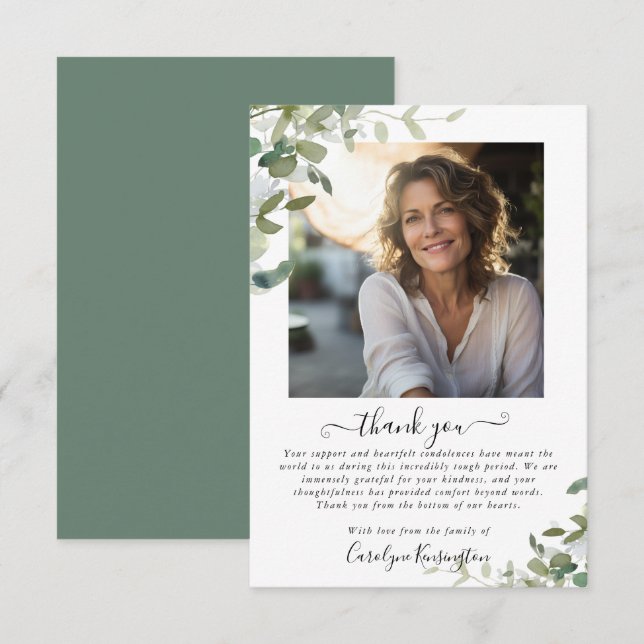 Watercolor Botanical Green Funeral Thank You Card (Front/Back)