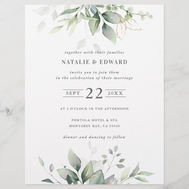 Watercolor botanical green gold elegant wedding fl flyer (Front)