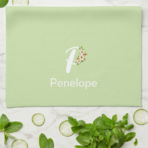 Watercolor botanical green initial monogram tea towel