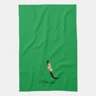Watercolor botanical green initial monogram tea towel