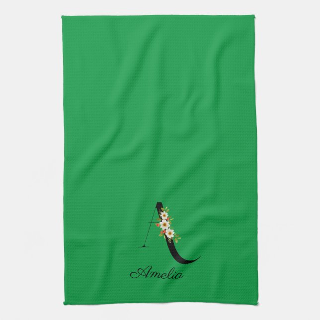 Watercolor botanical green initial monogram tea towel (Vertical)