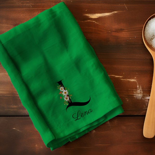 Watercolor botanical green initial monogram tea towel (Creator Uploaded)