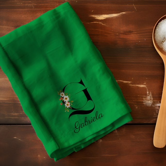 Watercolor botanical green initial monogram tea towel (Creator Uploaded)