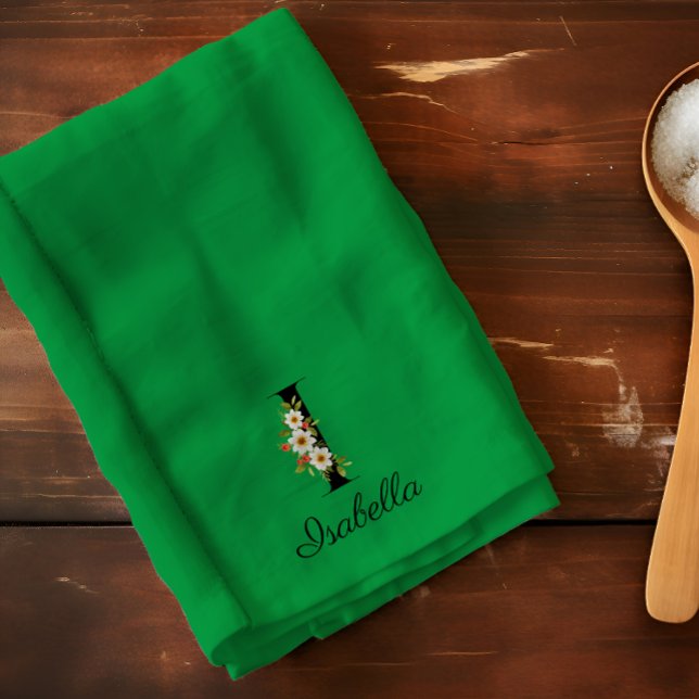Watercolor botanical green initial monogram tea towel (Creator Uploaded)