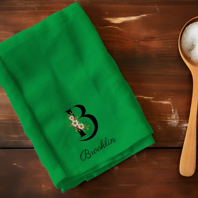 Watercolor botanical green initial monogram tea towel (Creator Uploaded)
