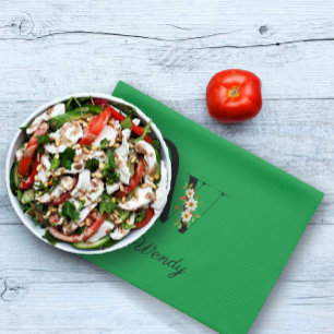 Watercolor botanical green initial monogram tea towel