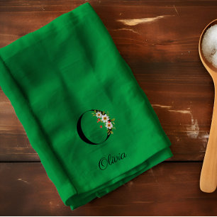 Watercolor botanical green initial monogram tea towel