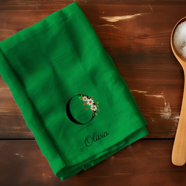 Watercolor botanical green initial monogram tea towel (Creator Uploaded)