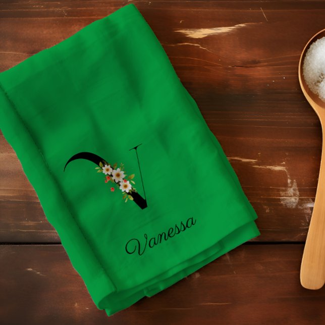 Watercolor botanical green initial monogram tea towel (Creator Uploaded)