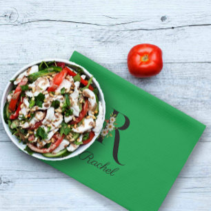 Watercolor botanical green initial monogram tea towel