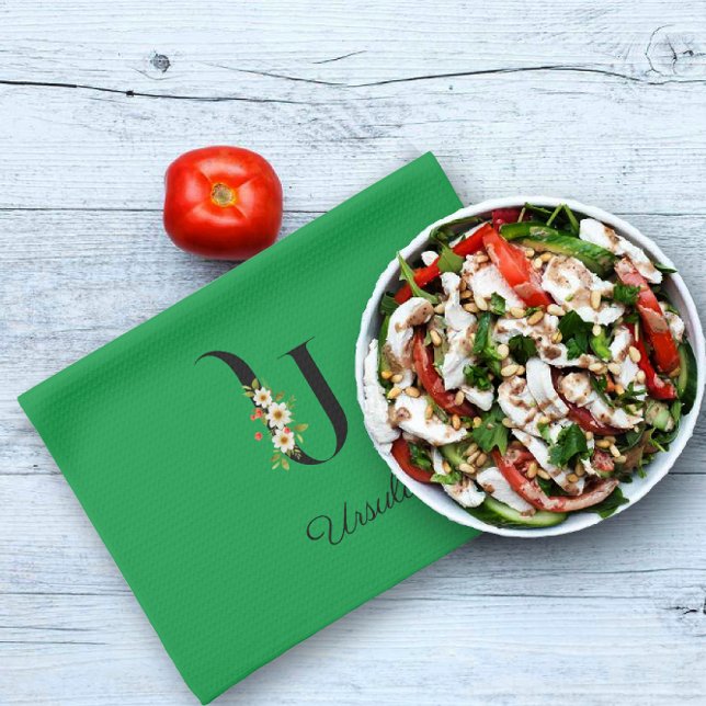 Watercolor botanical green initial monogram tea towel (Creator Uploaded)