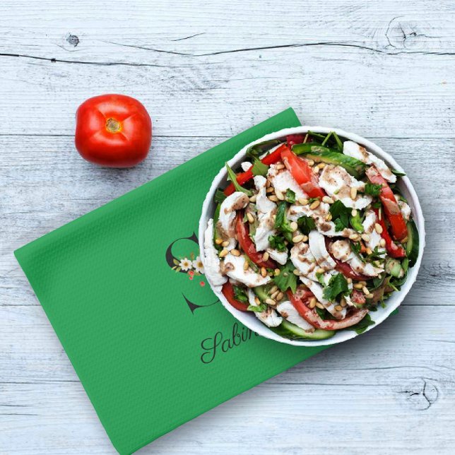 Watercolor botanical green initial monogram tea towel (Creator Uploaded)