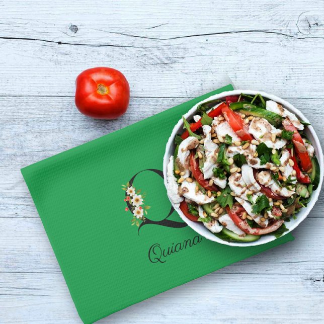 Watercolor botanical green initial monogram tea towel (Creator Uploaded)