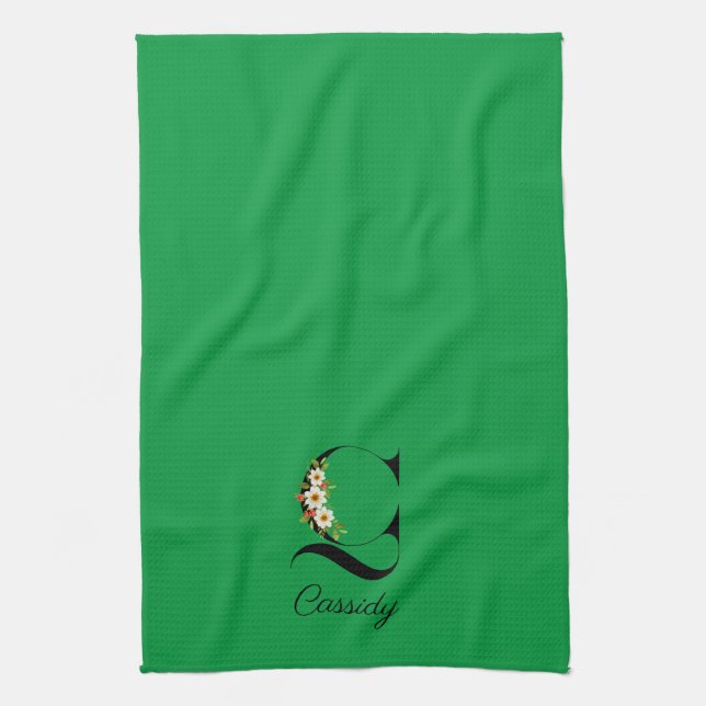 Watercolor botanical green initial monogram tea towel (Vertical)