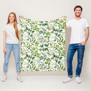 Watercolor Botanical Green leaves Fleece Blanket