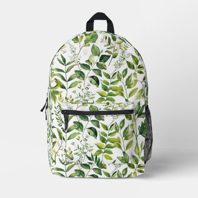 Watercolor Botanical Green leaves  Printed Backpack (Front)