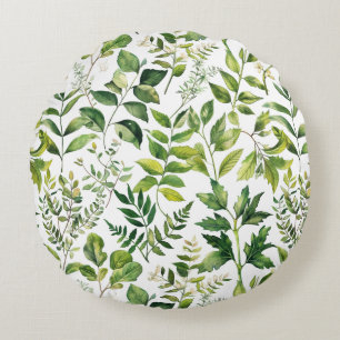 Watercolor Botanical Green leaves  Round Cushion