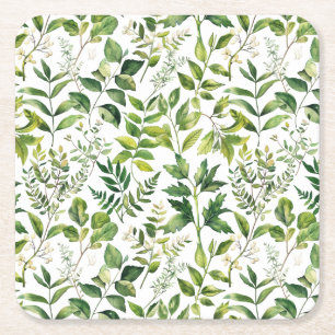 Watercolor Botanical Green leaves Square Paper Coaster