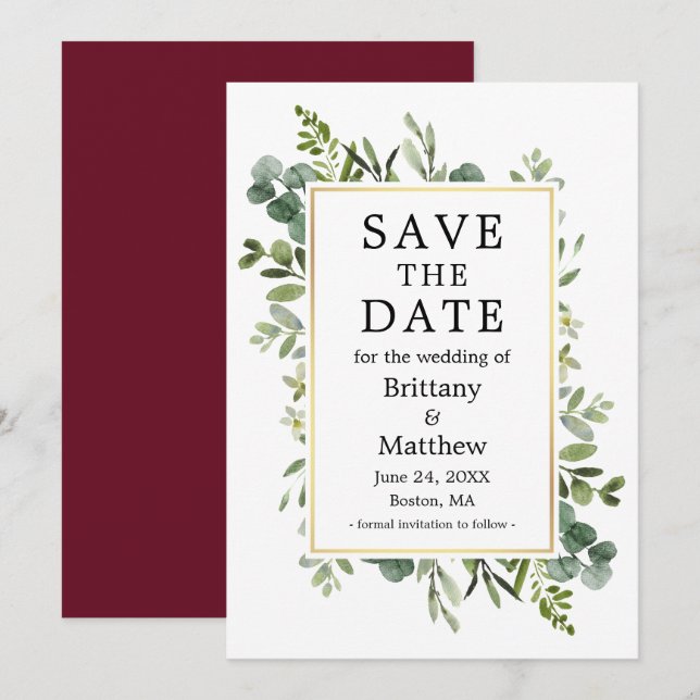 Watercolor Botanical Greenery Burgundy Eucalyptus Save The Date (Front/Back)