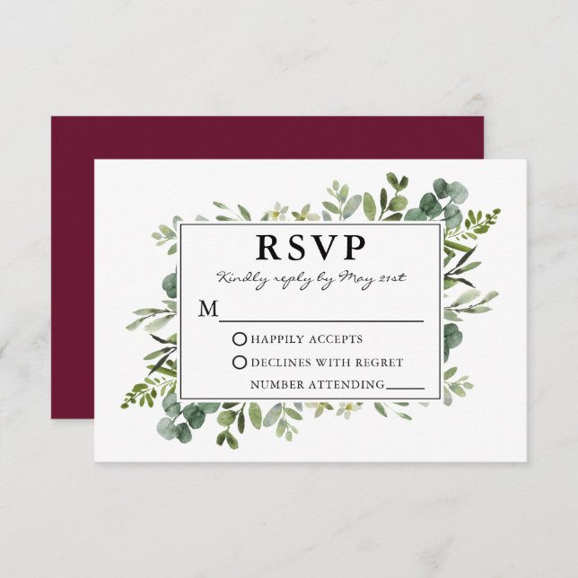 Watercolor Botanical Greenery Burgundy Wedding RSVP Card (Front/Back)