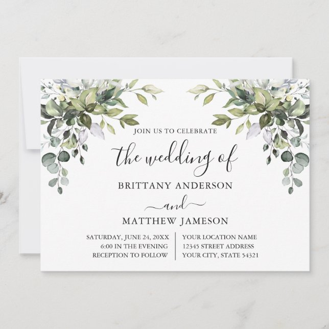 Watercolor Botanical Greenery Calligraphy Wedding Invitation (Front)