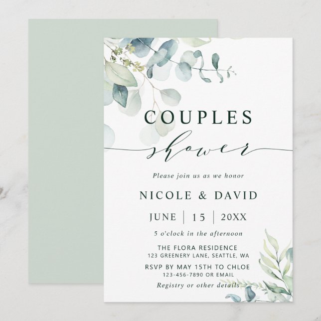 Watercolor Botanical Greenery Couples Shower Invitation (Front/Back)