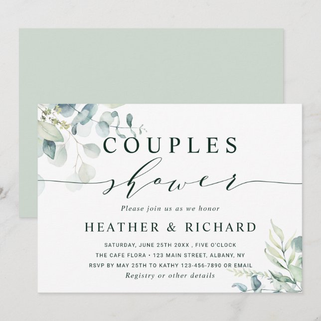 Watercolor Botanical Greenery Couples Shower Invitation (Front/Back)