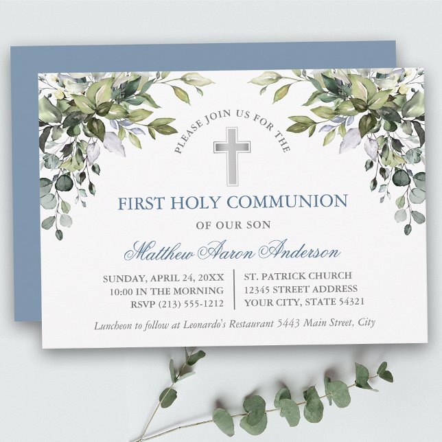 Watercolor Botanical Greenery Dusty Blue Communion Invitation (Customize to change text color, text style or color of back of card.)