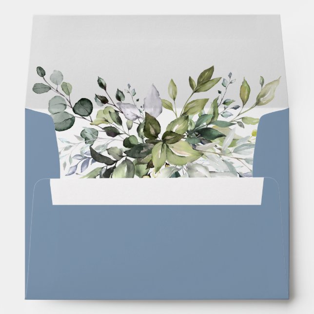Watercolor Botanical Greenery Dusty Blue Wedding Envelope (Back (Bottom))