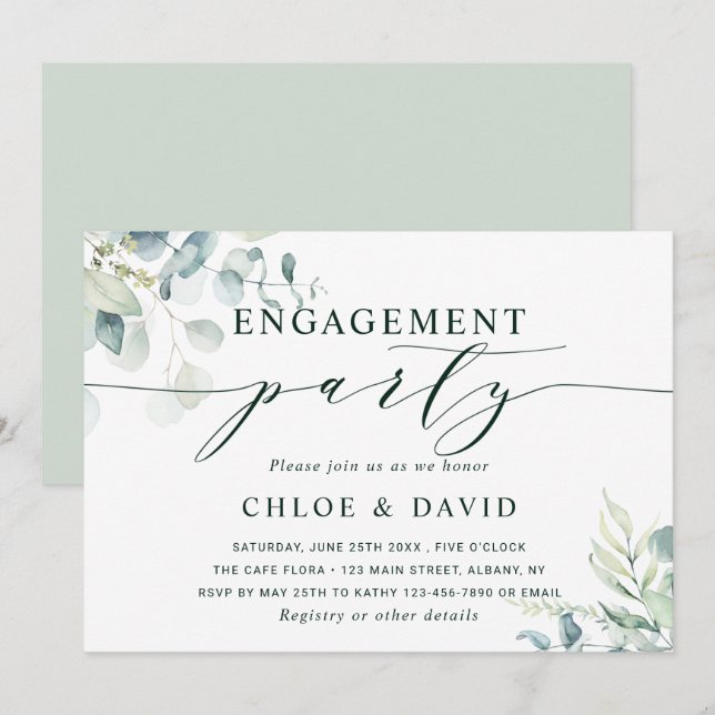 Watercolor Botanical Greenery Engagement Party Invitation (Front/Back)