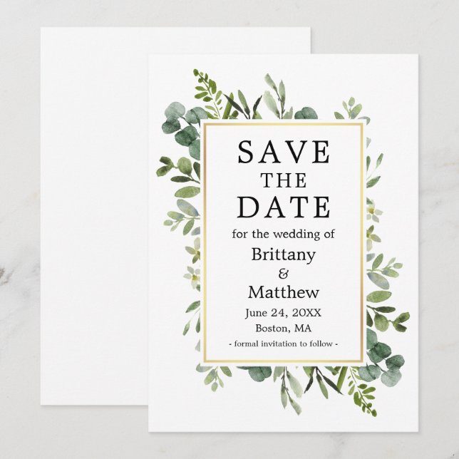 Watercolor Botanical Greenery Eucalyptus Gold Save The Date (Front/Back)