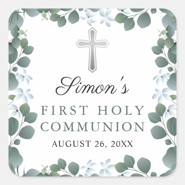 Watercolor Botanical Greenery First Holy Communion Square Sticker (Front)