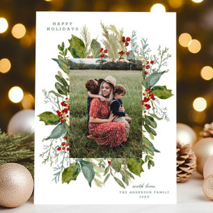 Watercolor Botanical Greenery Frame THREE Photo Holiday Card