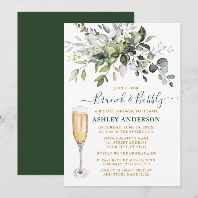 Watercolor Botanical Greenery Gold Brunch Bubbly Invitation (Front/Back)